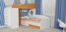 Кровать-чердак Кадет-2 угловая с металлической лестницей Белое дерево/Оранжевый в Оби - ob.katalogmebeli.com | фото