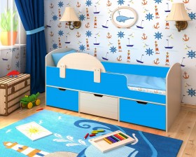 Кровать Малыш-мини с бортиком Дуб молочный/Голубой в Оби - ob.katalogmebeli.com | фото
