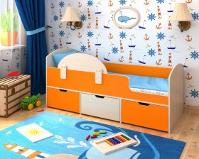 Кровать Малыш-мини с бортиком Дуб молочный/Оранжевый в Оби - ob.katalogmebeli.com | фото