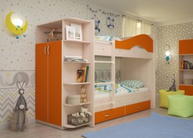 Кровать Мая двухъярусная с ящиками и шкафом Млечный дуб/Оранжевый в Оби - ob.katalogmebeli.com | фото 1