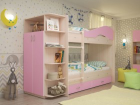 Кровать Мая двухъярусная с ящиками и шкафом Млечный дуб/Розовый в Оби - ob.katalogmebeli.com | фото