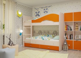 Кровать Мая двухъярусная с ящикамиМлечный дуб/Оранжевый в Оби - ob.katalogmebeli.com | фото
