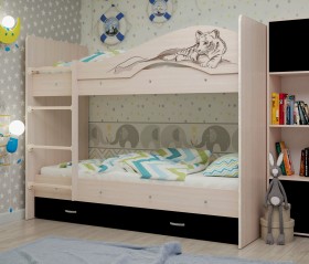 Кровать Мая-Сафари двухъярусная с ящиками Млечный дуб/Венге в Оби - ob.katalogmebeli.com | фото