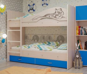 Кровать Мая-Сафари двухъярусная с ящикамиМлечный дуб/Голубой в Оби - ob.katalogmebeli.com | фото
