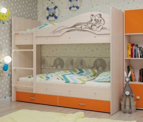 Кровать Мая-Сафари двухъярусная с ящикамиМлечный дуб/Оранжевый в Оби - ob.katalogmebeli.com | фото