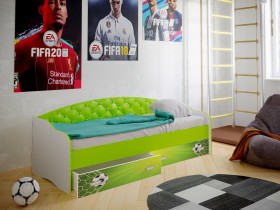 Кровать Софа-8 с мягкой спинкой фотопечать Футбол (900х1900) Белый/Лайм в Оби - ob.katalogmebeli.com | фото