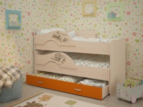 Кровать выкатная Радуга-Сафари детская 1600 Млечный дуб/Оранжевый в Оби - ob.katalogmebeli.com | фото