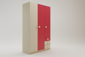 Шкаф 3-х створчатый с ящиками Бэрри (Бежевый/Красный/корпус Клен) в Оби - ob.katalogmebeli.com | фото