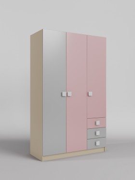 Шкаф 3-х створчатый с ящиками Грэйси (Розовый/Серый/корпус Клен) в Оби - ob.katalogmebeli.com | фото