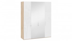 Шкаф комбинированный с 2 глухими и 2 зеркальными дверями «Эмбер» Яблоня Беллуно/Белый глянец в Оби - ob.katalogmebeli.com | фото