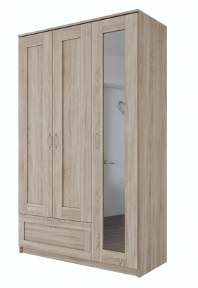 Шкаф трехдверный Сириус с зеркалом и 1 ящиком дуб сонома в Оби - ob.katalogmebeli.com | фото
